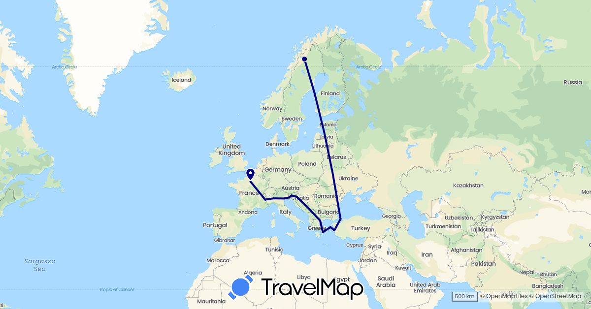 TravelMap itinerary: driving in France, Greece, Croatia, Italy, Sweden, Slovenia, Turkey (Asia, Europe)